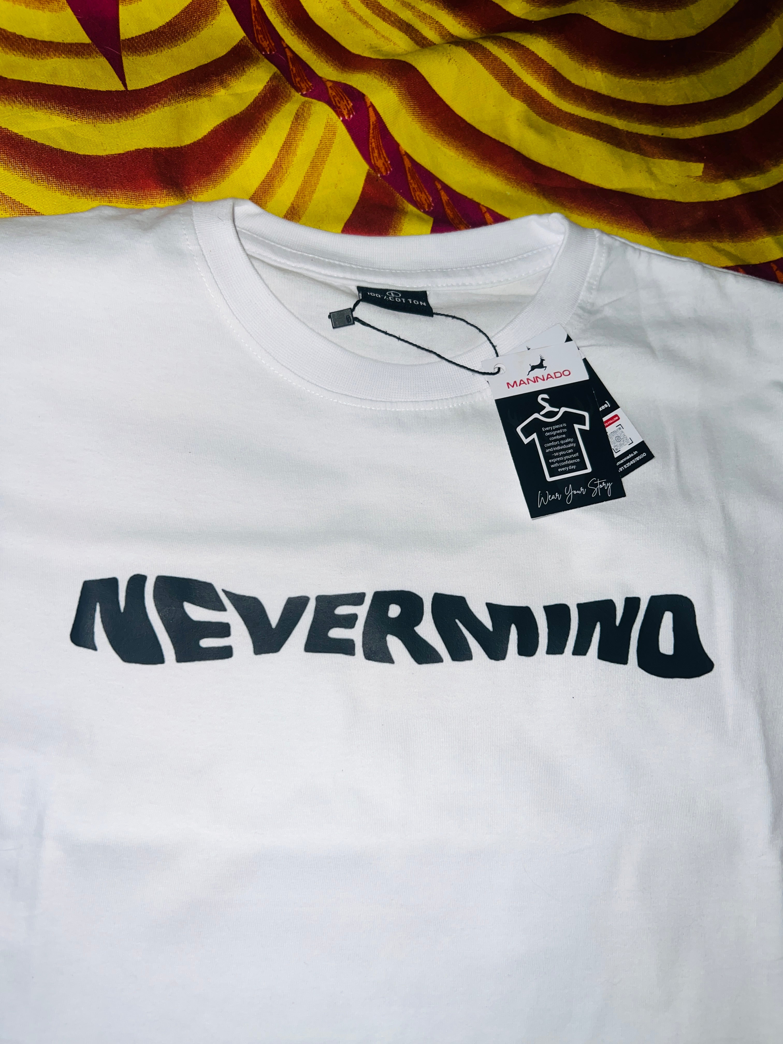 Mannado Wolfmind Graphic Printed Regular Fit Cotton T-Shirt for Men & Women | Nevermind Front Print | Wolf Back Artwork | White Streetwear Tee