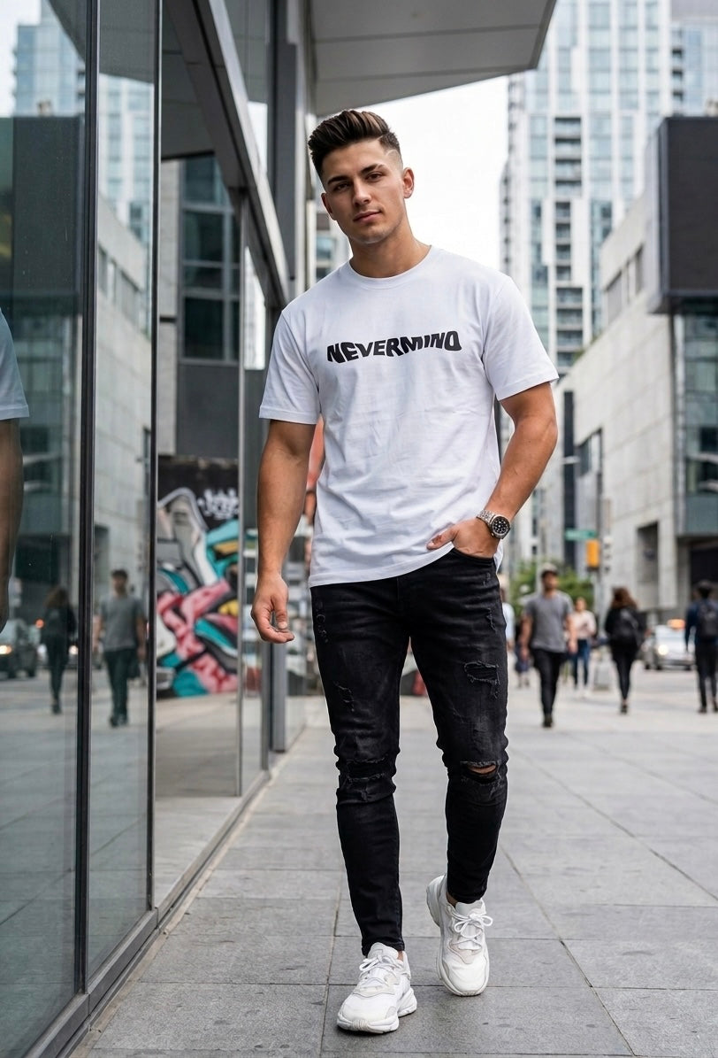 Mannado Wolfmind Graphic Printed Regular Fit Cotton T-Shirt for Men & Women | Nevermind Front Print | Wolf Back Artwork | White Streetwear Tee