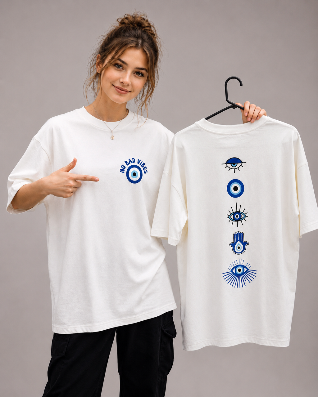 Mannado Nazar Evil Eye Printed Unisex Oversized T-Shirt | Off White | French Terry | 3/4 Sleeve
