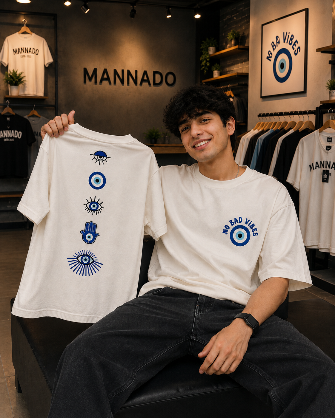 Mannado Nazar Evil Eye Printed Unisex Oversized T-Shirt | Off White | French Terry | 3/4 Sleeve