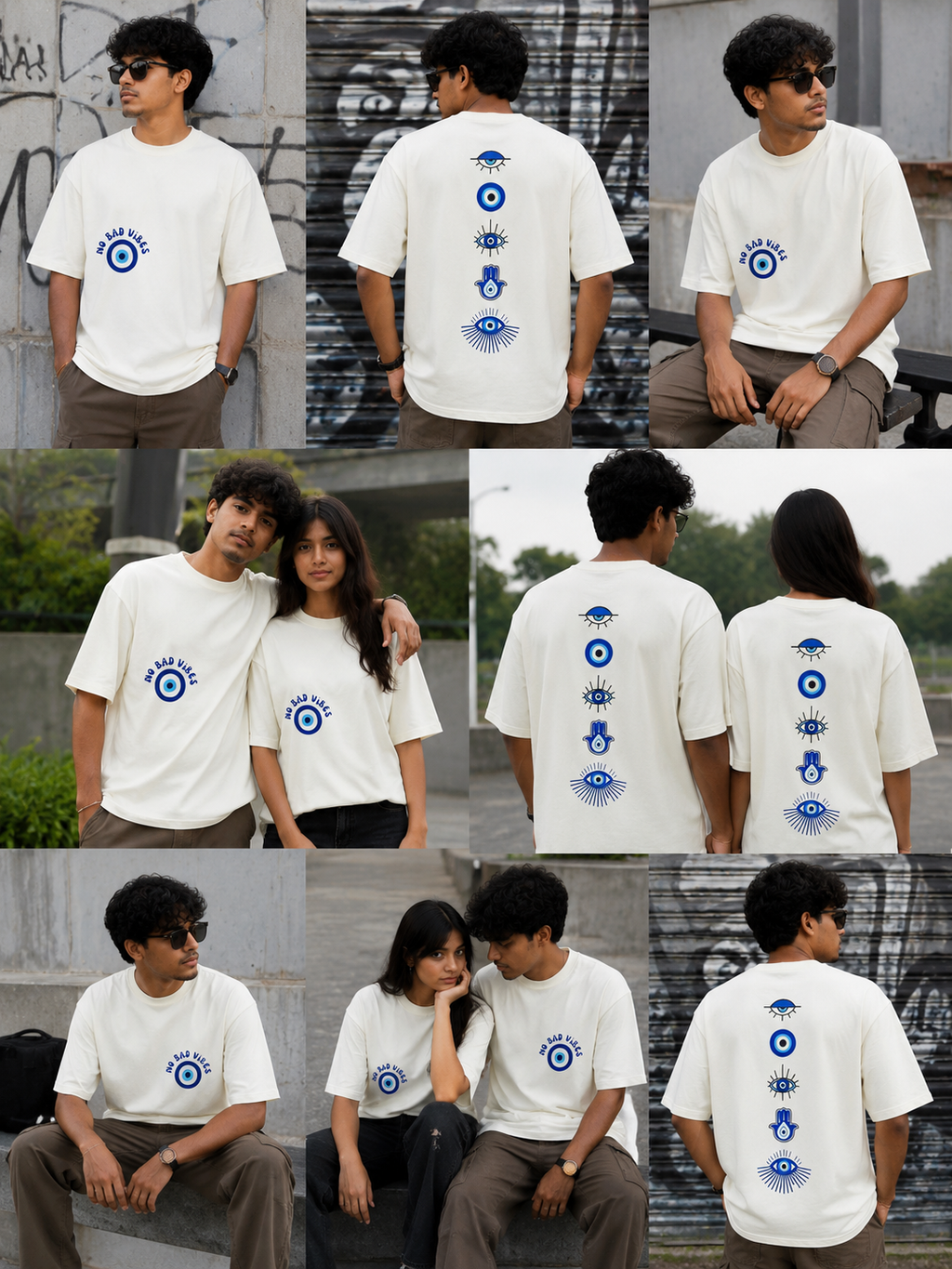 Mannado Nazar Evil Eye Printed Unisex Oversized T-Shirt | Off White | French Terry | 3/4 Sleeve