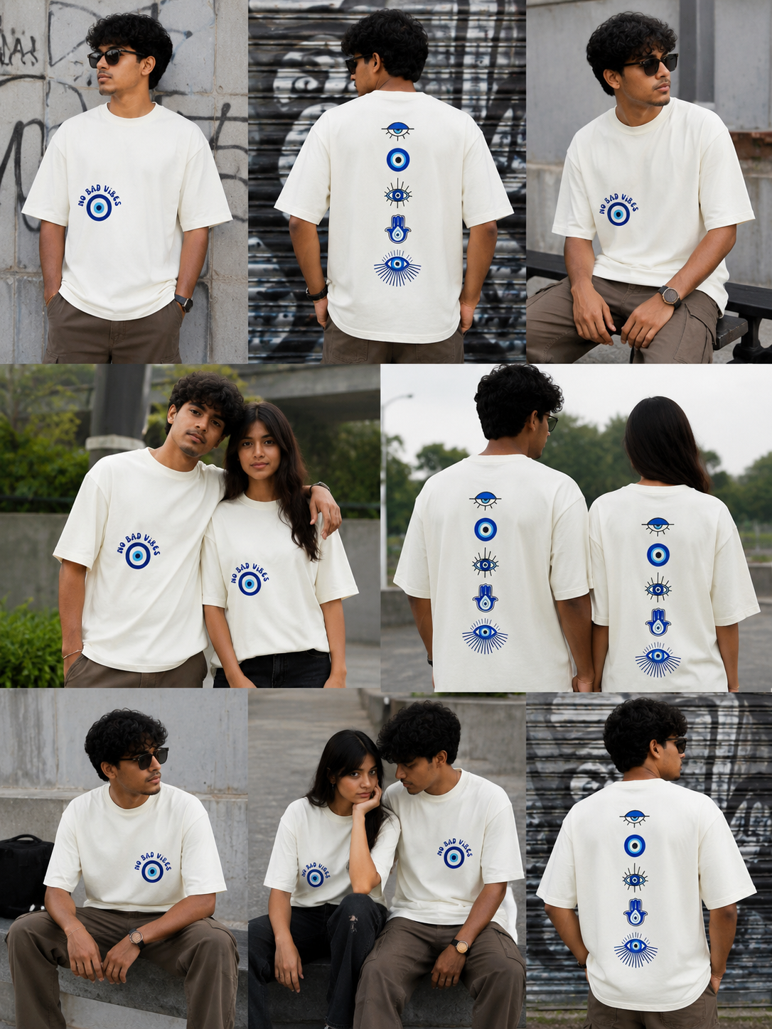Mannado Nazar Evil Eye Printed Unisex Oversized T-Shirt | Off White | French Terry | 3/4 Sleeve
