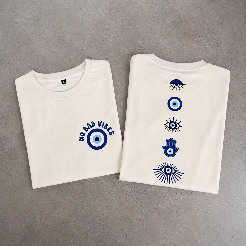 Mannado Nazar Evil Eye Printed Unisex Oversized T-Shirt | Off White | French Terry | 3/4 Sleeve