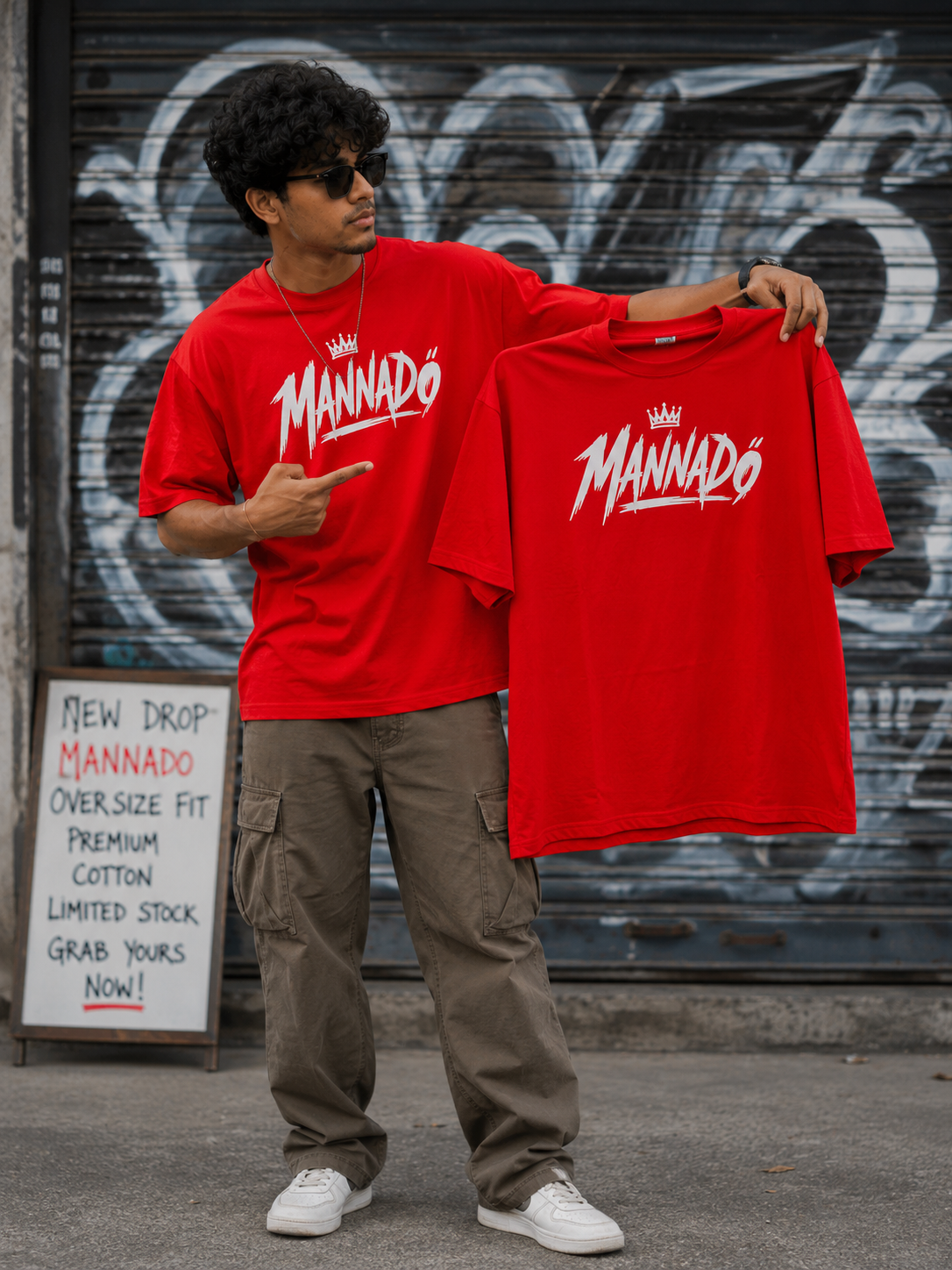 Mannado Typography Printed Unisex Oversized T-Shirt | Red | French Terry | 3/4 Sleeve